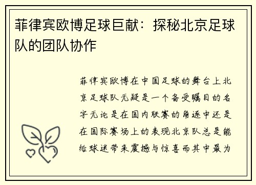 菲律宾欧博足球巨献：探秘北京足球队的团队协作