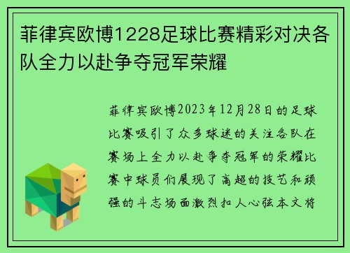 菲律宾欧博1228足球比赛精彩对决各队全力以赴争夺冠军荣耀