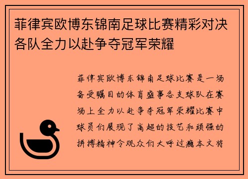 菲律宾欧博东锦南足球比赛精彩对决各队全力以赴争夺冠军荣耀
